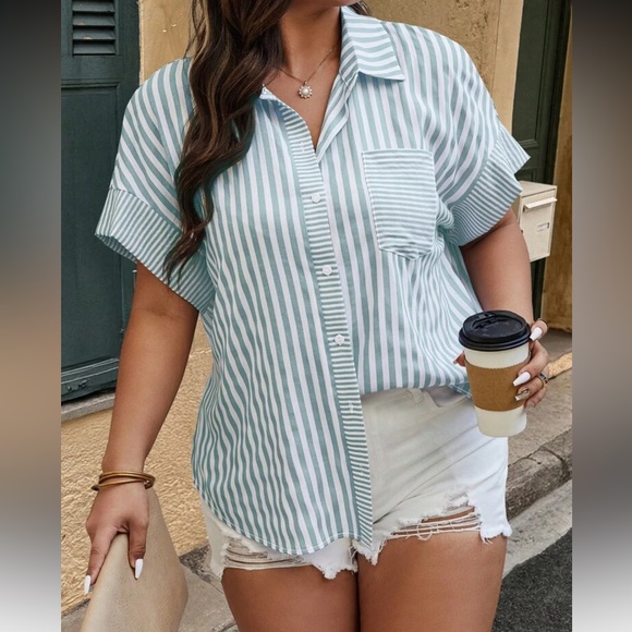 Classic Elegant Plus Size Stripe Short Sleeve Button Down Shirt Blouse Top - Picture 3 of 8